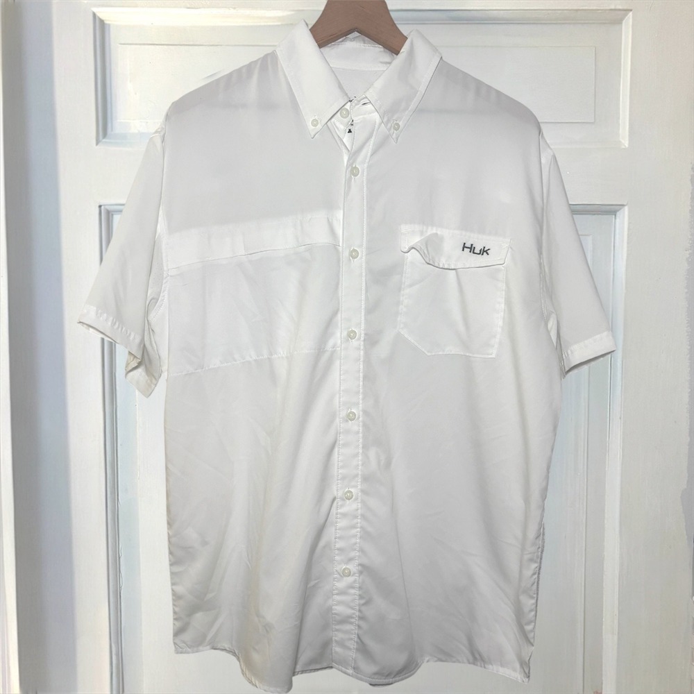 Huk Tide Point Performance Fishing Shirt Solid White Men L Short Sleeve Shirt - Picture 4 of 8
